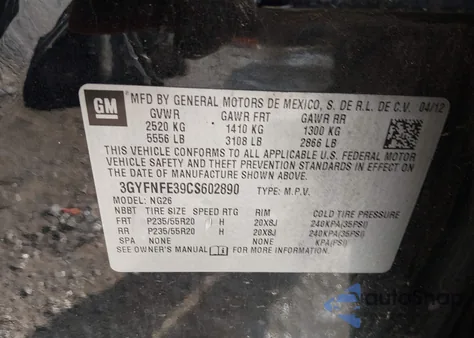 2012 Cadillac Srx Premium Collection from USA, damaged, VIN 3GYFNFE39CS602890